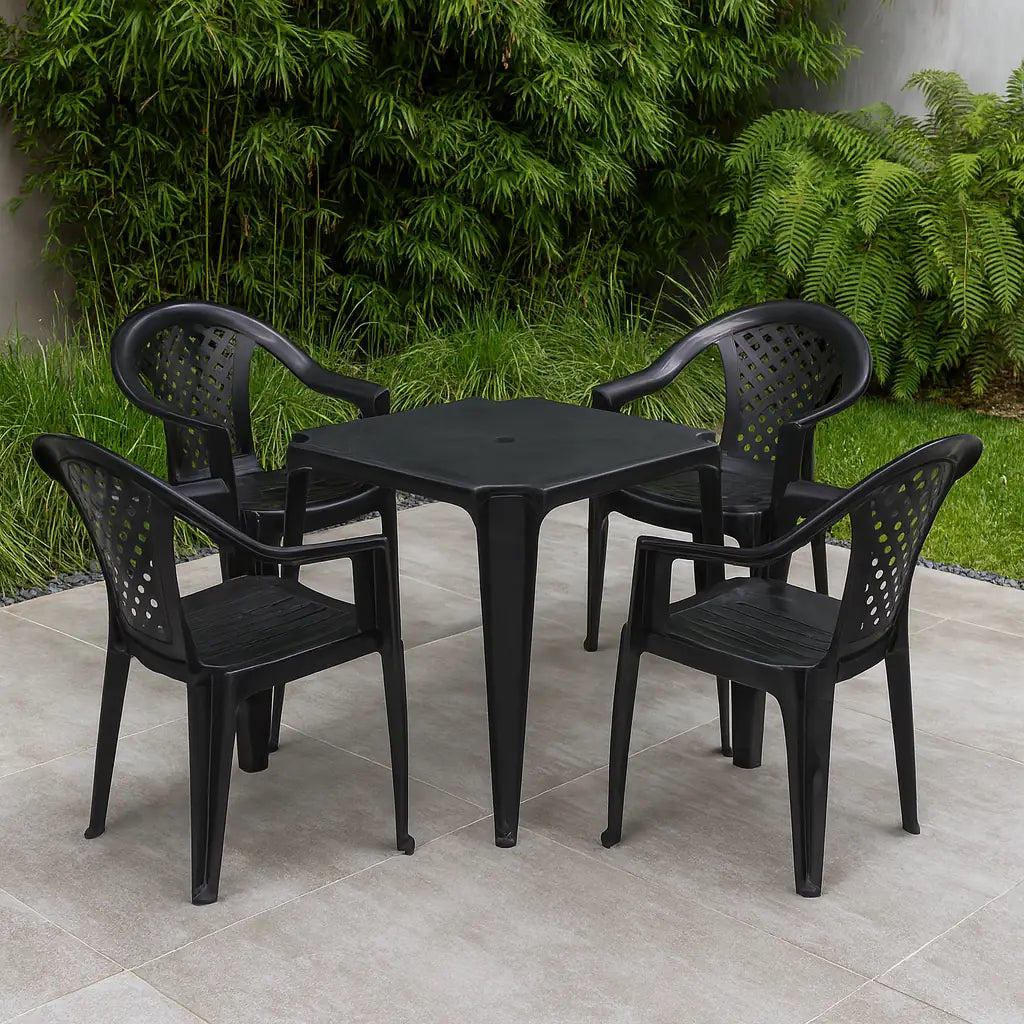 Juego de Jardín 4 Sillas Mallorca Negras + Mesa Plástica Negra